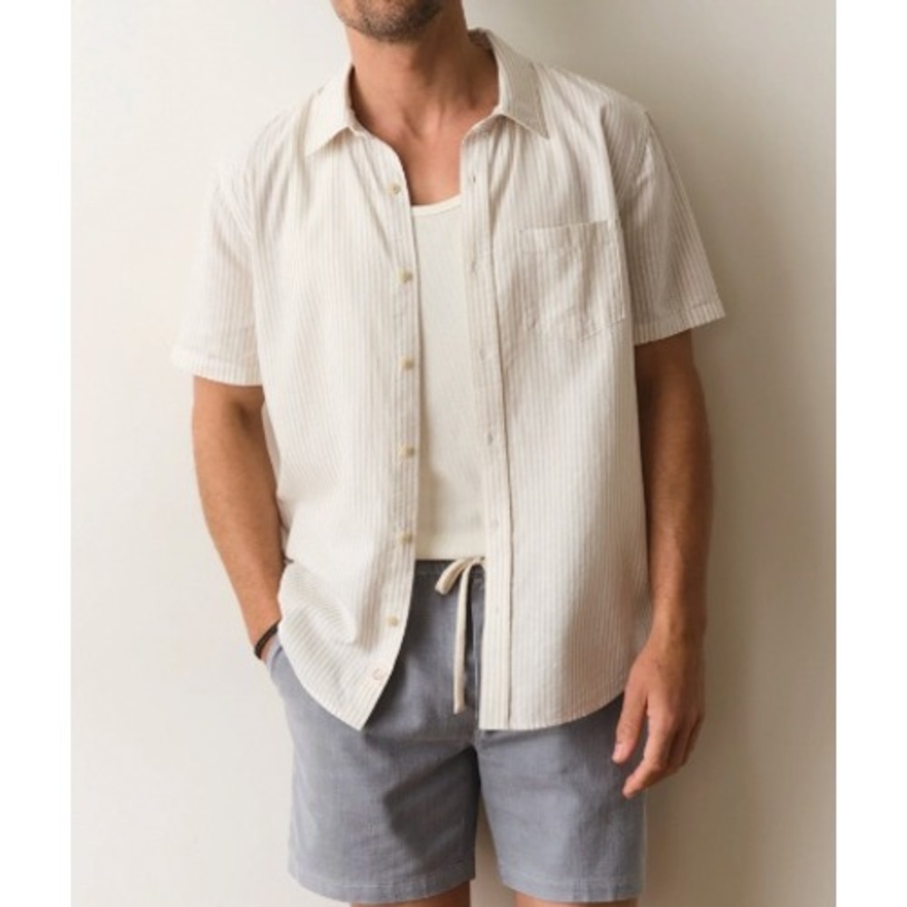 Marine Layer Mens XL Better Than Linen Beige Stripe Hemp Cotton Short Slv Shirt